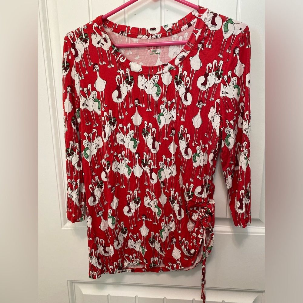 Magical Season red Christmas flamingo shirt. Size Petite Medium. Side clinch.